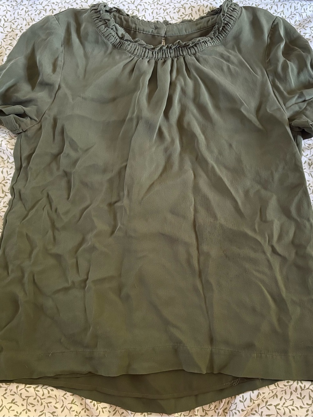J. Crew Olive Green Ruffle-Neck Short Sleeve Blouse